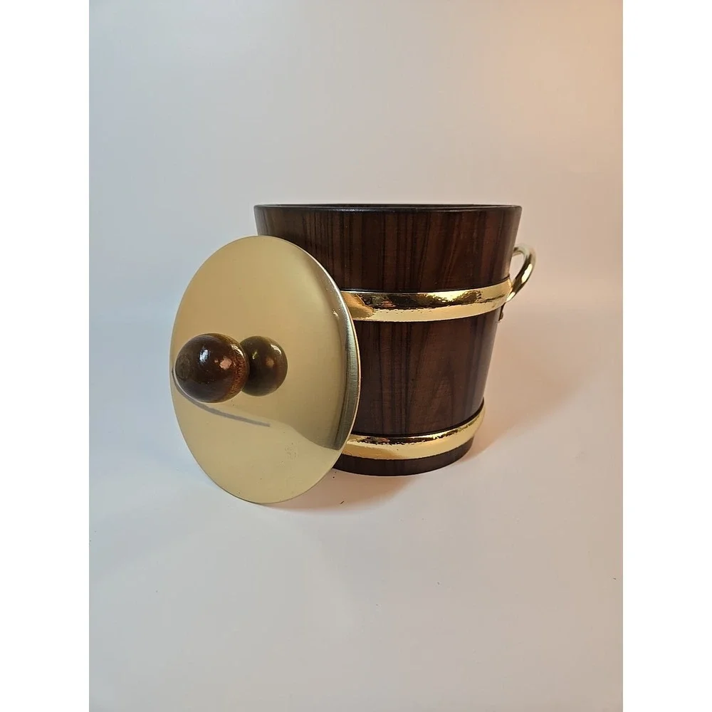 Vintage Kraftware Wood & Metal Barrel Style Ice‎ Bucket 8